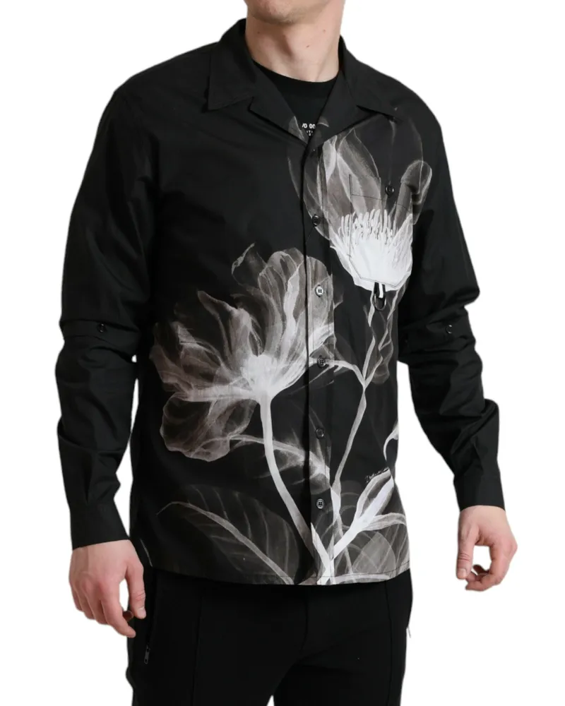 Dolce & Gabbana Black Floral Cotton Collared Long Sleeves Men Shirt Black
