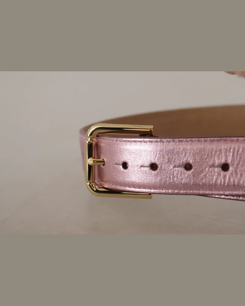 Dolce & Gabbana Women's Metallic Pink Polished Leather Logo Metal Buckle Belt Pink