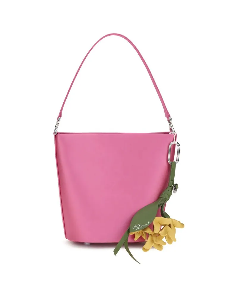 Self-Portrait Satin with Removable Bow Charm Bucket Bag — Pink Pink