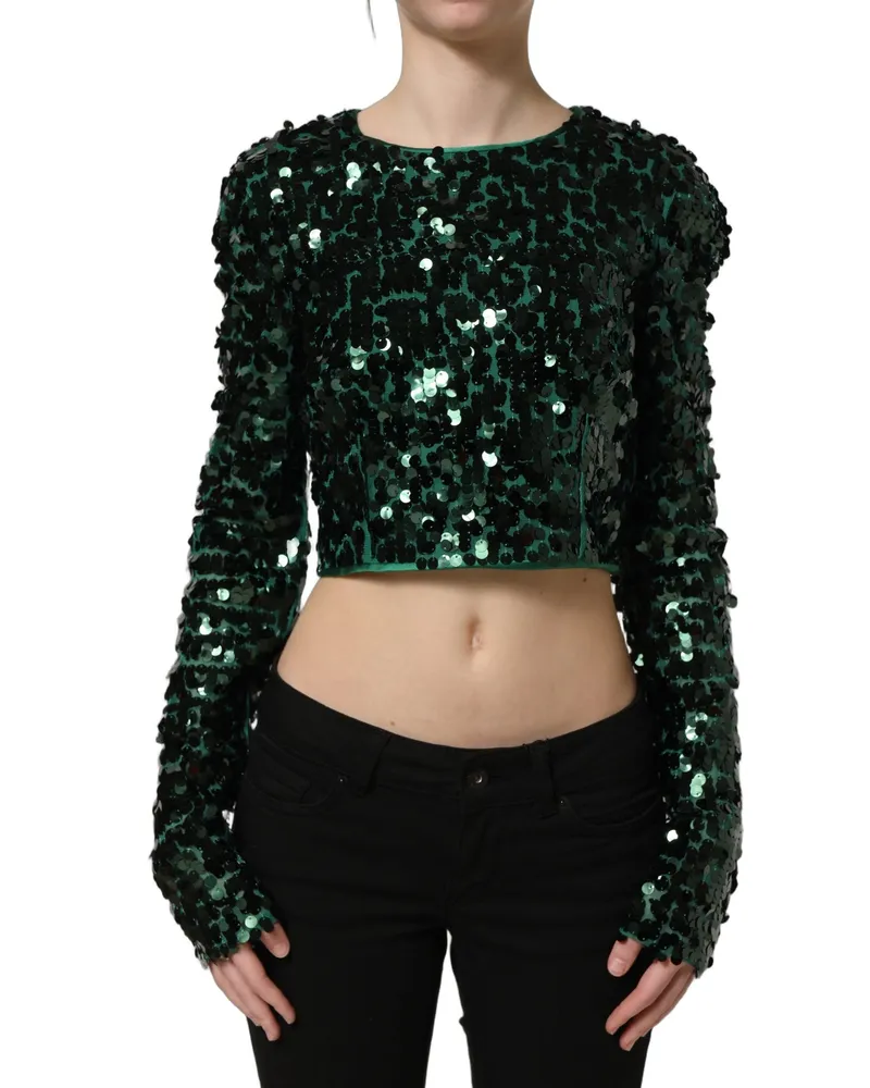 Dolce & Gabbana Women's Green Sequined Long Sleeves Crop Blouse Top Nylon Green