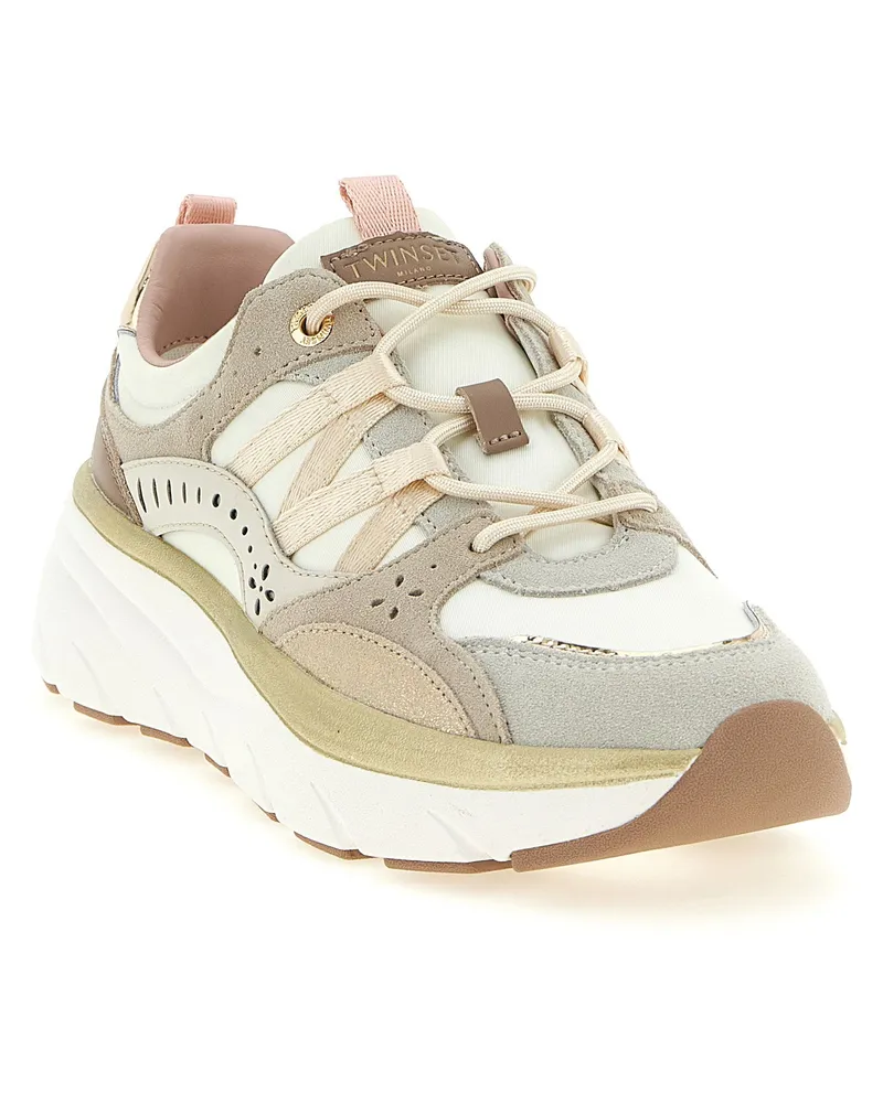 Twin-Set Suede & Laminated Leather Sneaker — Beige Beige
