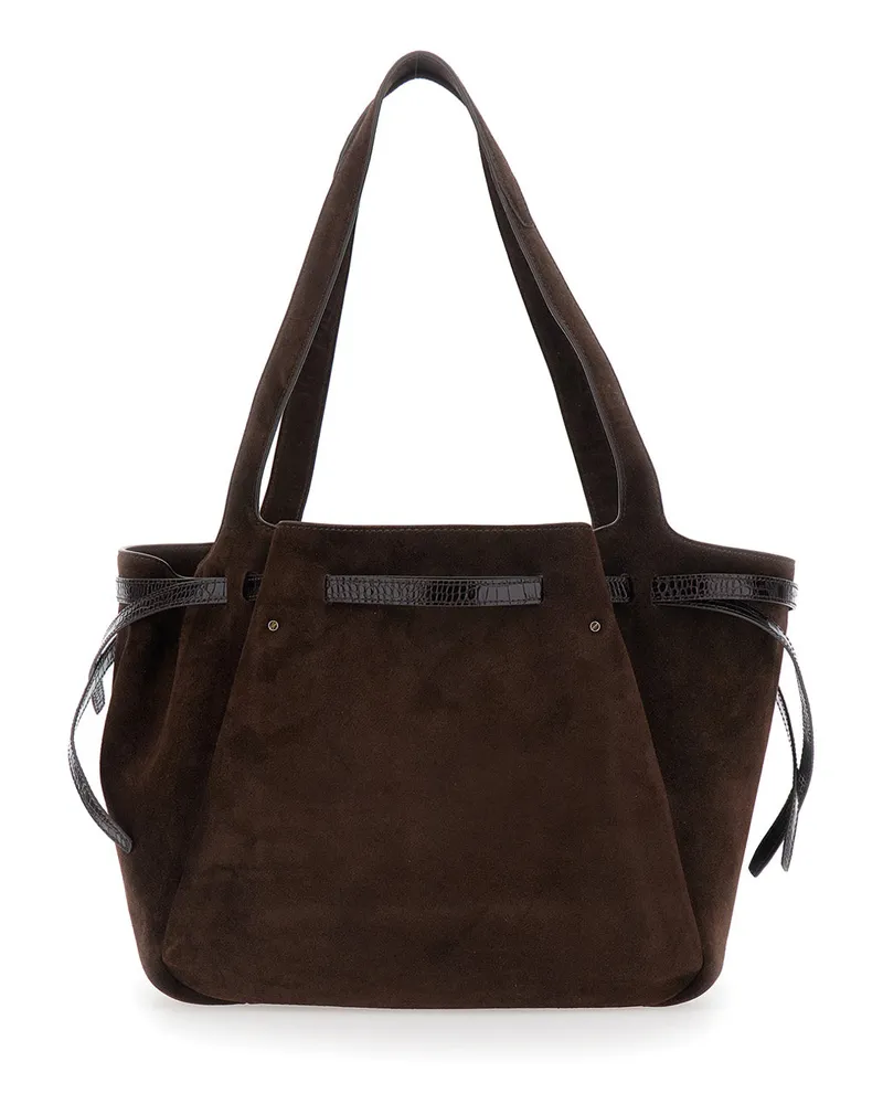 Tory Burch Women's Shoulder Bag Romy Brown Suede Calf Leather Tote Brown