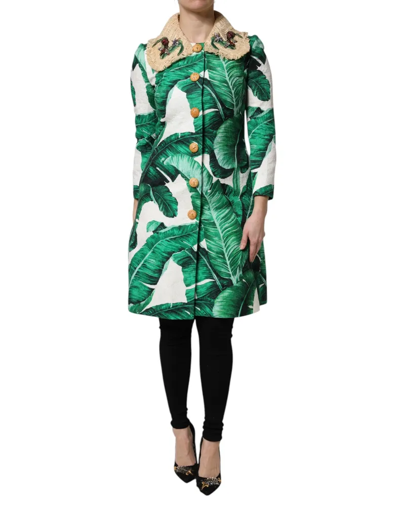 Dolce & Gabbana Women Multicolor Leaf Print Embellished Trenchcoat Jacket Cotton Silk Viscose Clothing Green