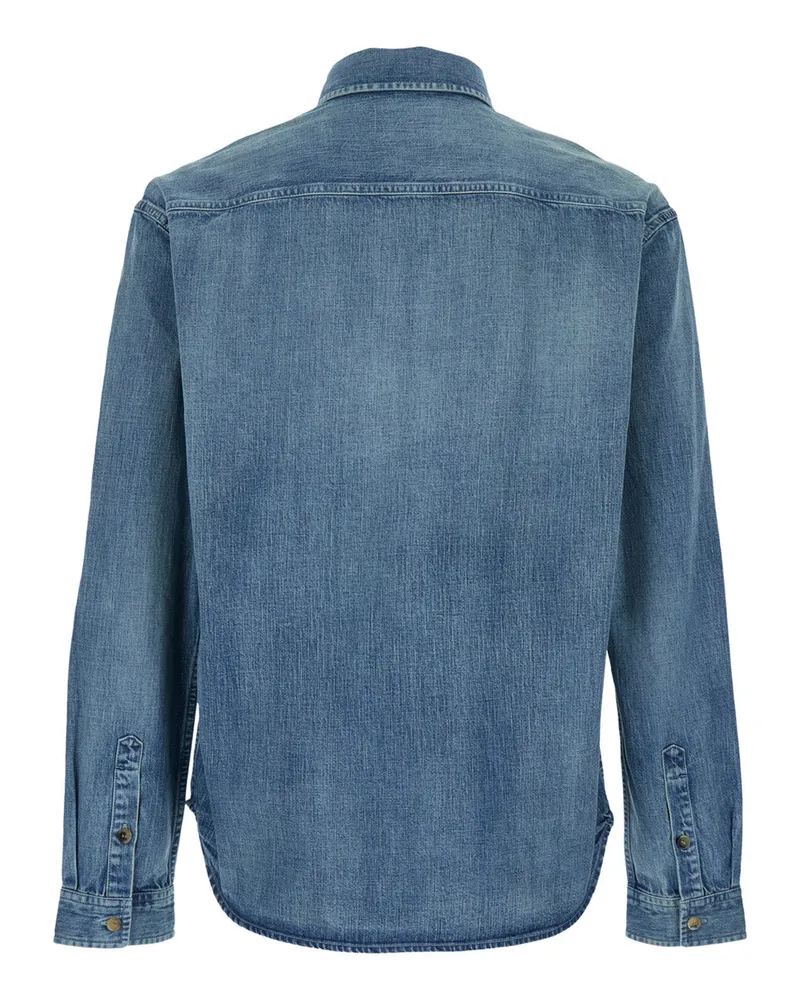 Saint Laurent Cassandre-Embroidered Denim Shirt — Blue Blue