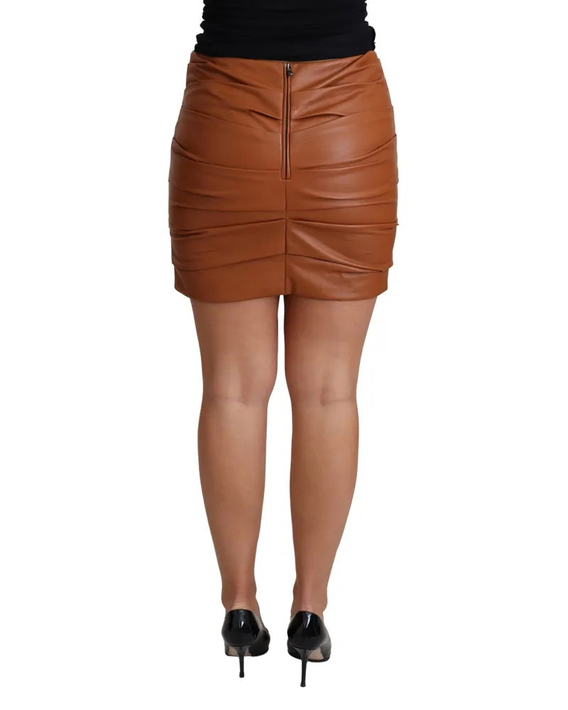 Dolce & Gabbana Women's Brown Lambskin High Waist Mini Pleated Skirt Leather Brown