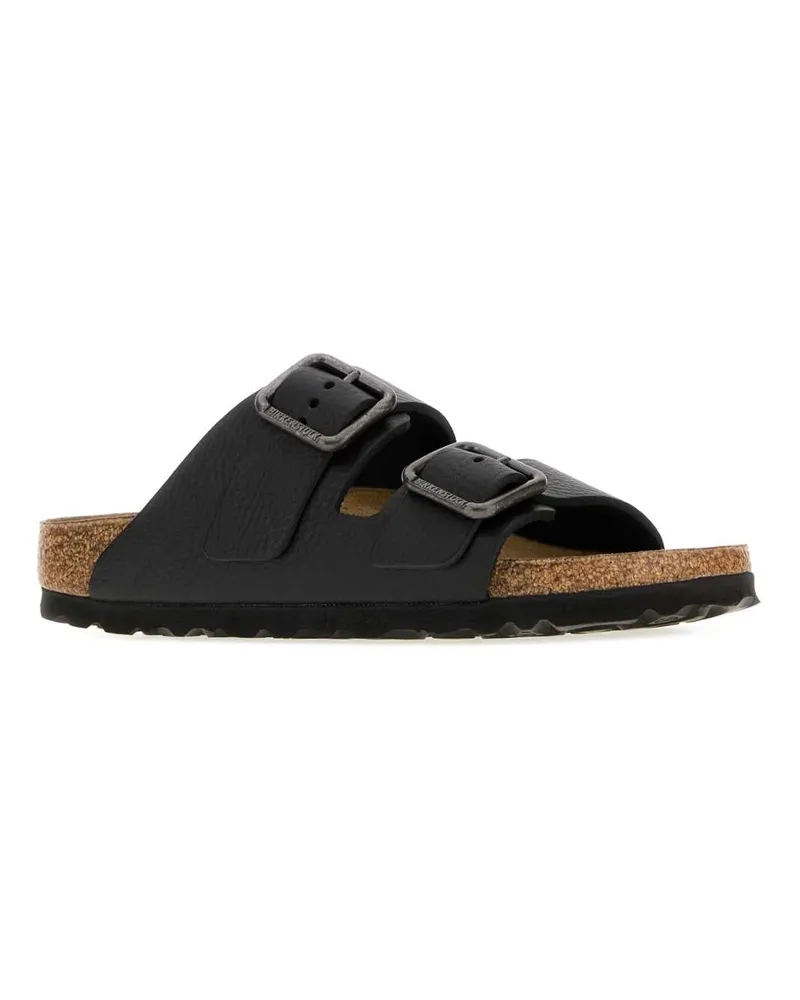 Birkenstock Unisex Black Leather Arizona Slippers Wb Vintage Wood Flat Shoes Black