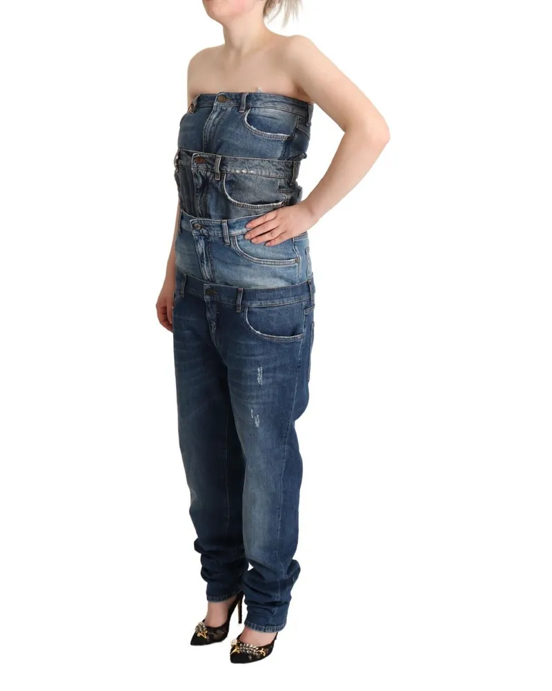 Dolce & Gabbana Women Dark Blue Cotton Strapless Denim Jumpsuit Dress Blue