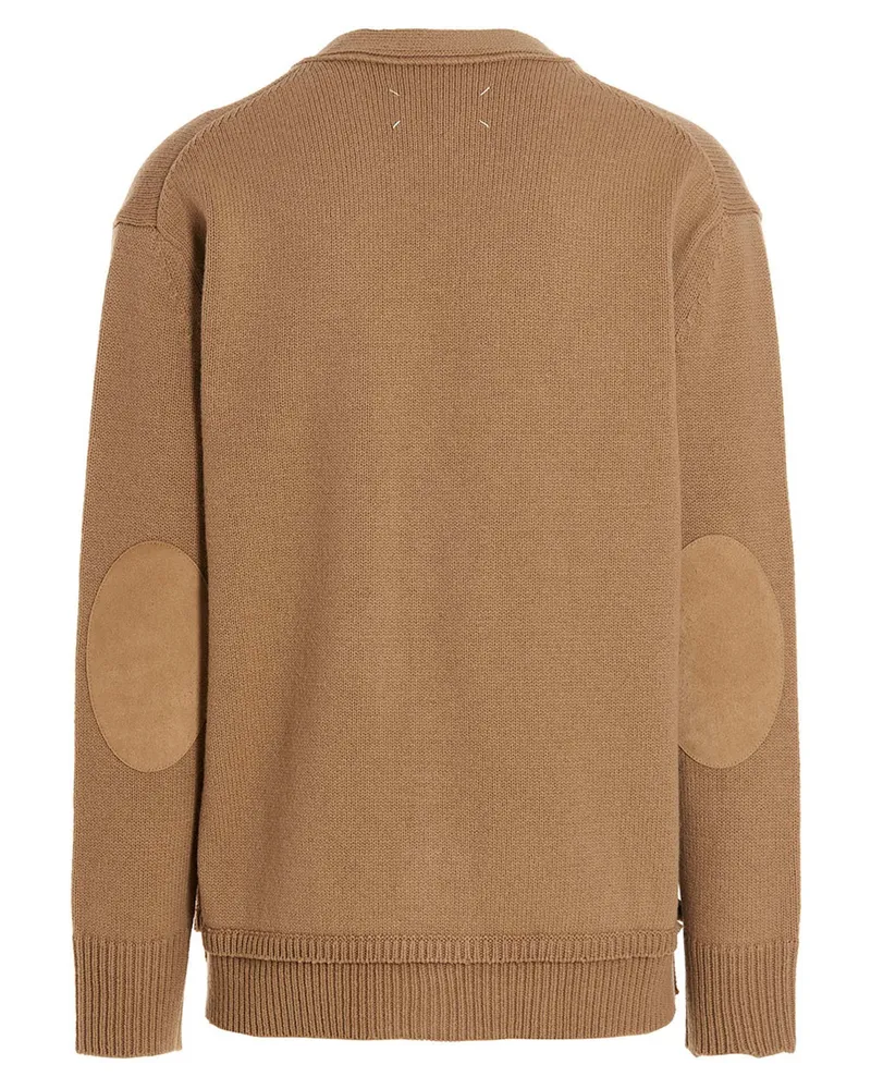 Maison Margiela Wool-Blend with Suede Elbow Patches Cardigan — Camel Camel