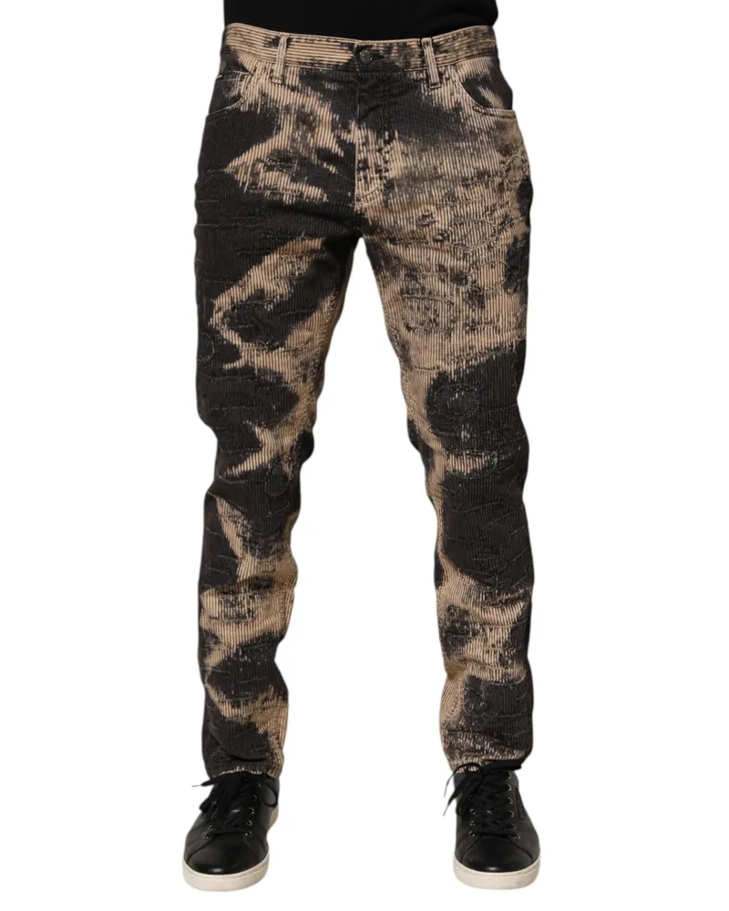 Dolce & Gabbana Men's Beige Black Corduroy Tie-Dye Cotton Blend Pants Beige
