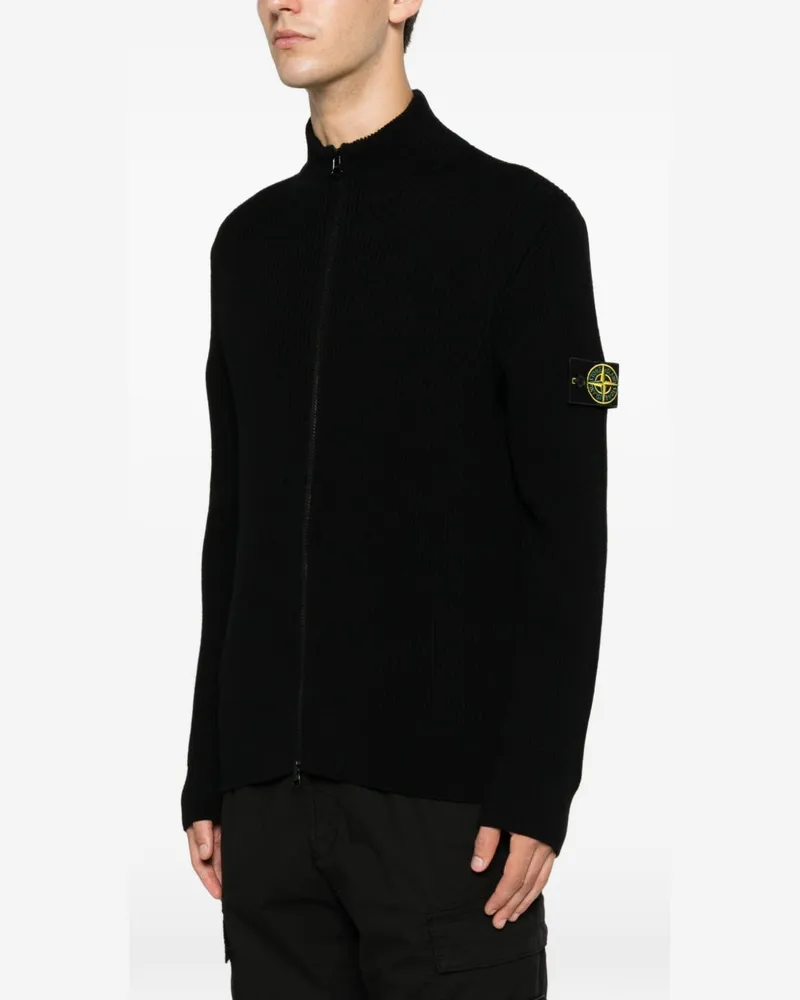 Stone Island Men's Cardigan Ribbed Zip Black Virgin Wool Cardigans Sweater Black