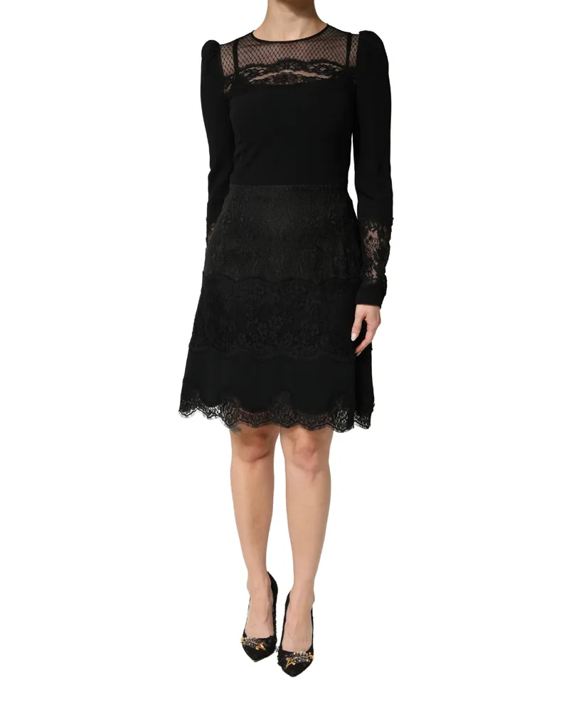 Dolce & Gabbana Women's Black Lace Sheer Panel Midi Long Sleeve Dress Black