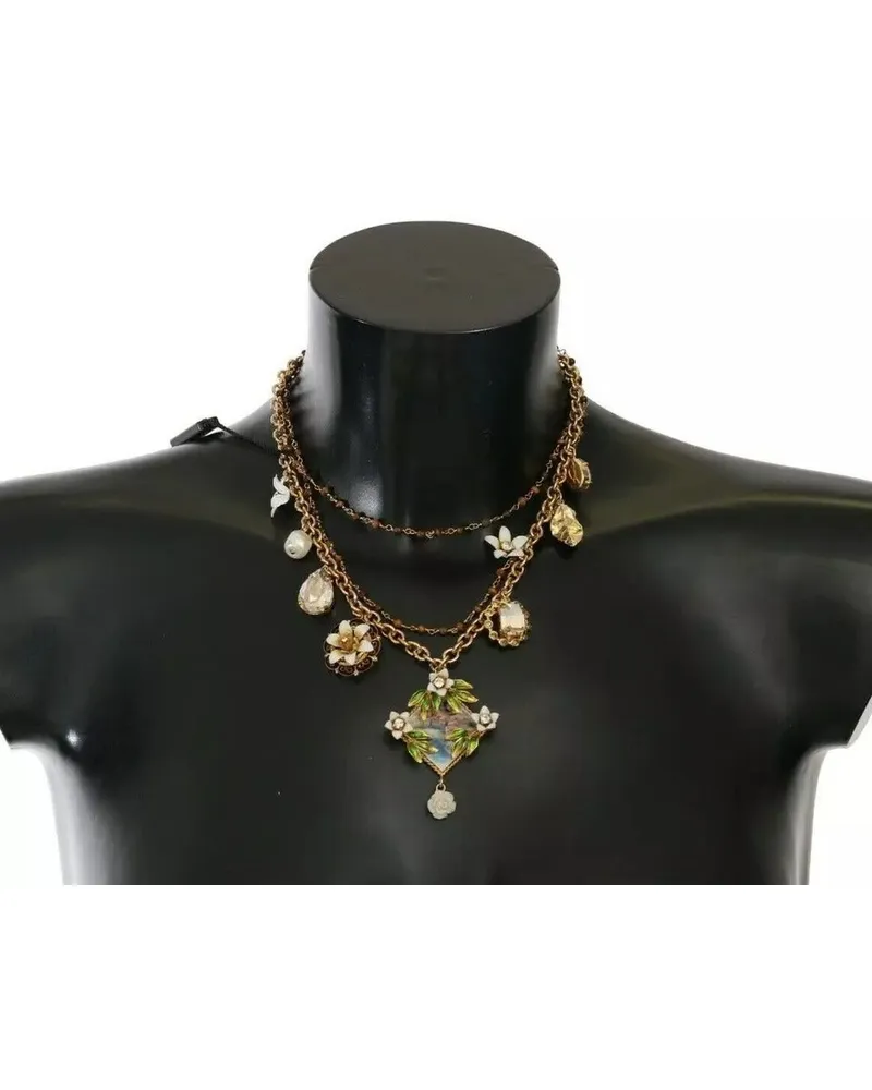 Dolce & Gabbana Women's Gold Brass Crystal Floral Statement Charms Necklace Gold