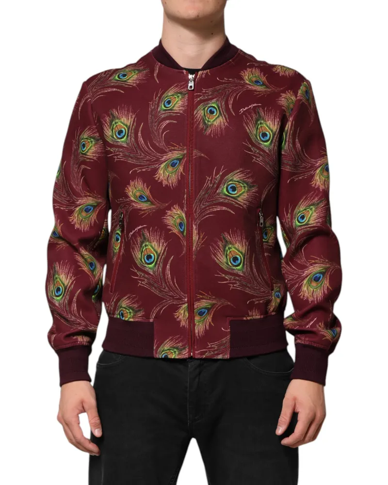 Dolce & Gabbana Men's Maroon Peacock Feather Print Bomber Jacket Polyester Elastane Clothing Maroon