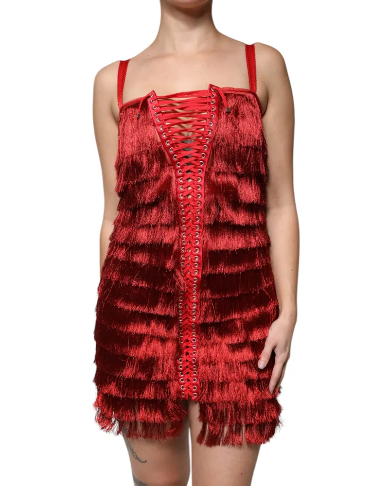 Dolce & Gabbana Women Red Lace Tassel Sleeveless Sheath Mini Dress Nylon Silk Red