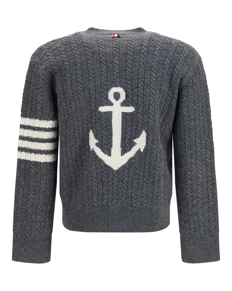Thom Browne Cable-Knit with 4-Bar Stripe Cardigan — Gray 