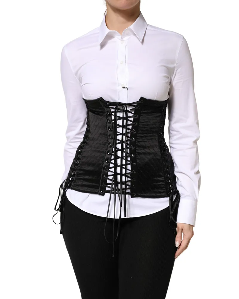 Dolce & Gabbana Women Black Silk Lace-Up Waist Cincher Corset Top Black