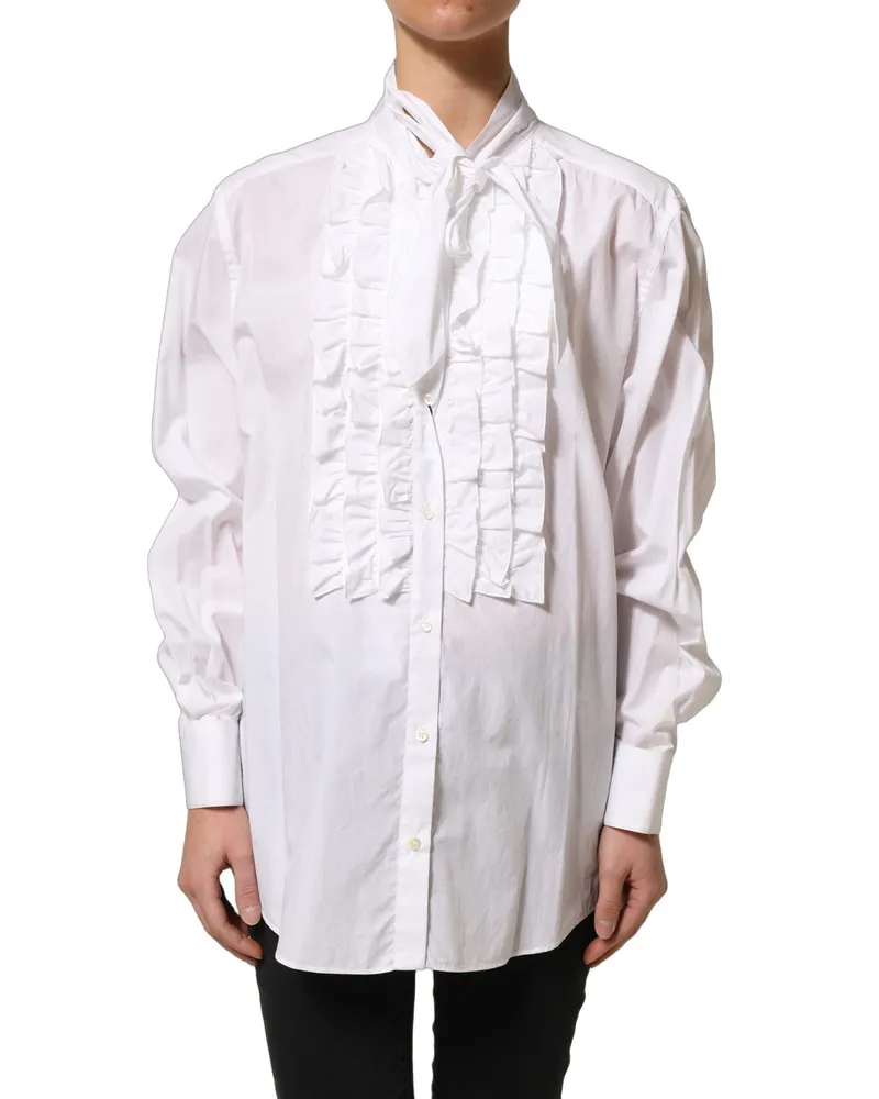 Dolce & Gabbana Women's White Ruffled Bib Long Sleeves Blouse Top Cotton White