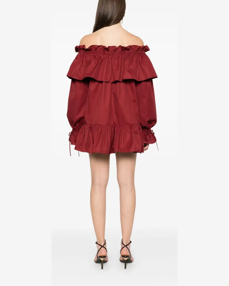 Saint Laurent Ruffled Off-Shoulder Cotton Dress — Bordeaux Bordeaux