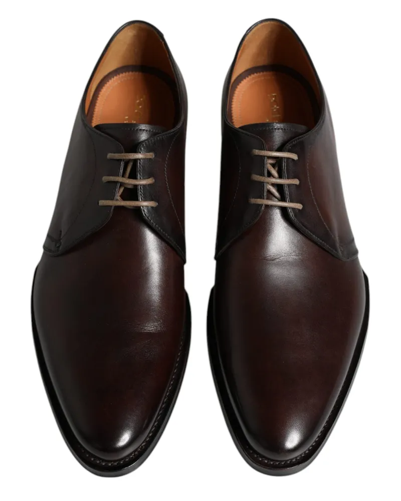 Dolce & Gabbana Brown Leather Lace Up Men Derby Formal Shoes Black Calf Black