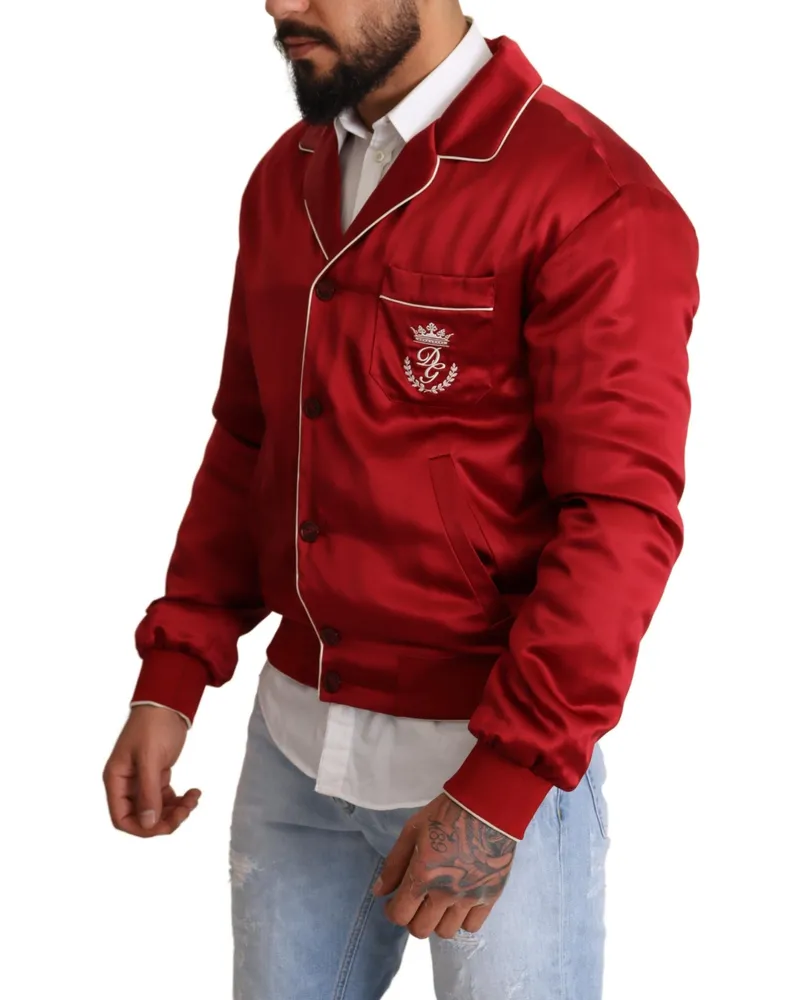 Dolce & Gabbana Men's Red Silk Button Dg Logo Bomber Jacket Clothing Red