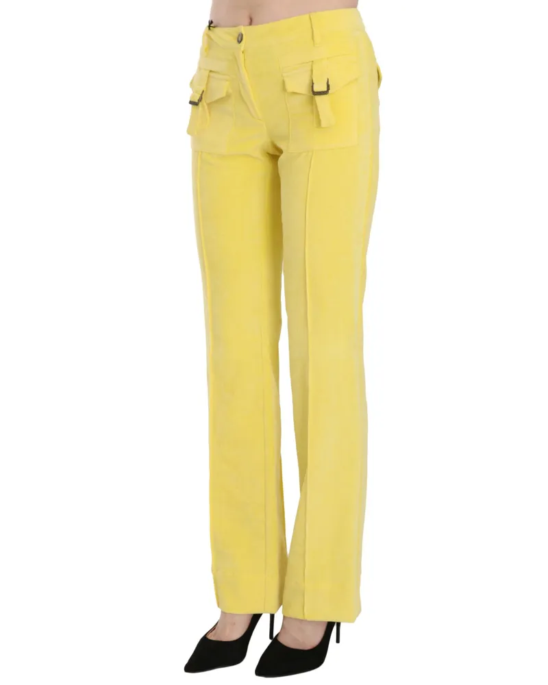 Just Cavalli Women's Yellow Corduroy Mid Waist Straight Trousers Pants Yellow