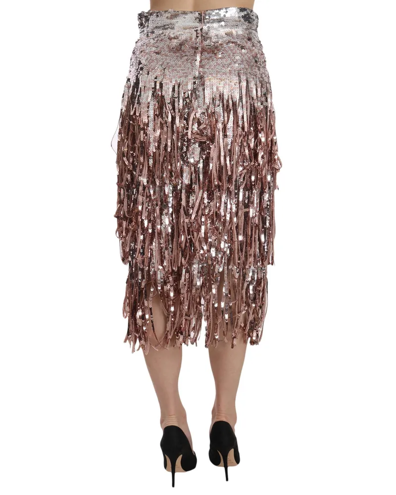 Dolce & Gabbana Women's Sequin Embellished Fringe Midi Pencil Skirt Silver Nylon Silver