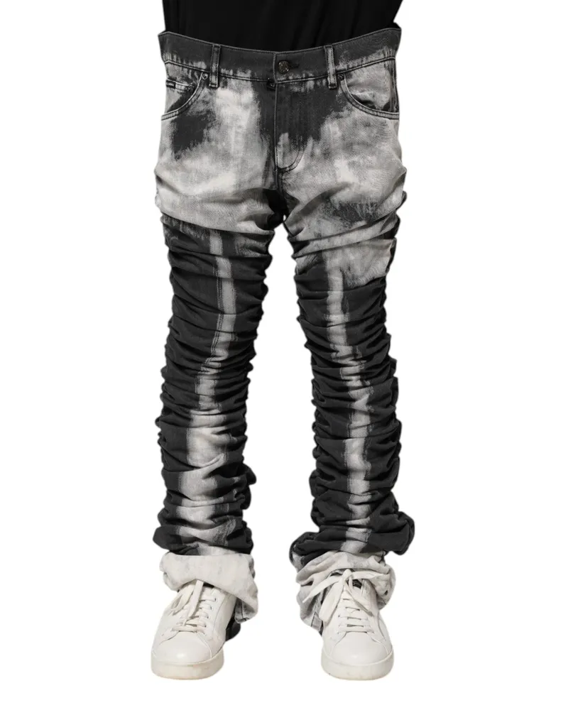 Dolce & Gabbana Men's Black Tie Dye Straight Denim Jeans And White Cotton Elastane Clothing Black