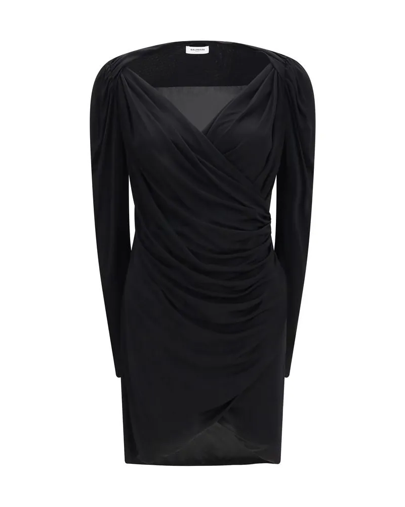 Balmain Wrap-Neck Jersey Mini Dress — Black Black