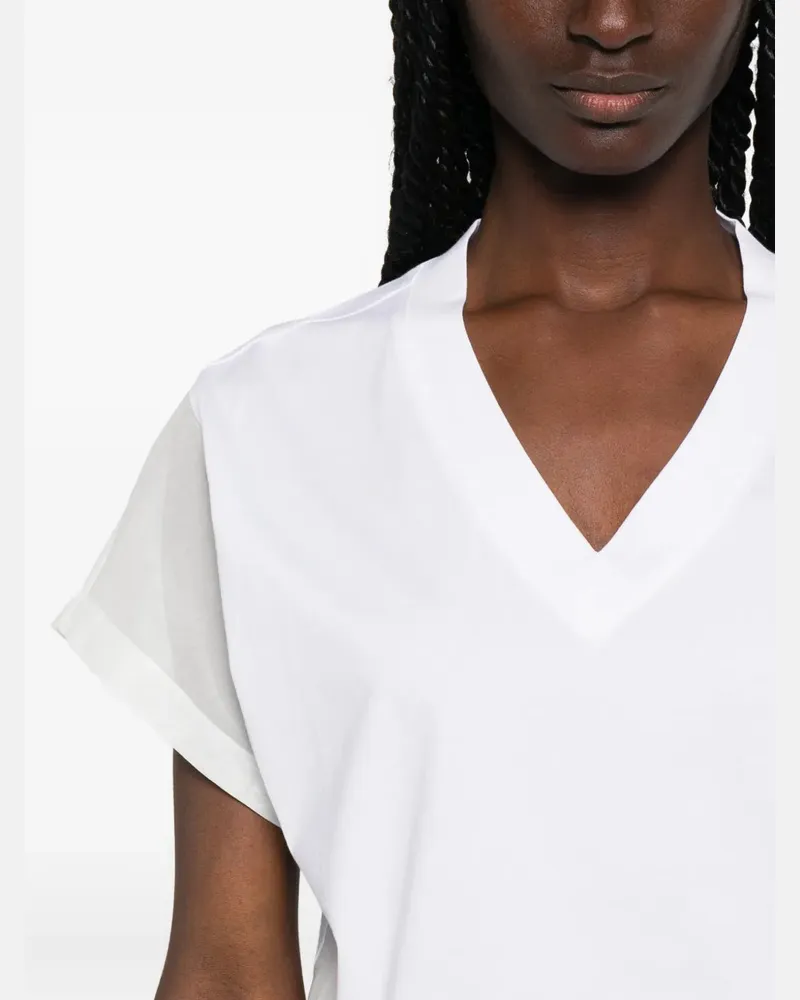 Brunello Cucinelli Women Sheer-Panel V-Neck T-Shirt Ss26 W White