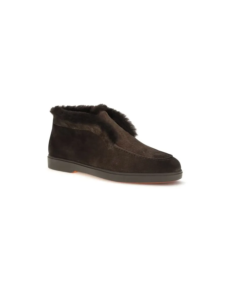 Santoni Shearling-Lined Suede Ankle Boot — Brown Brown