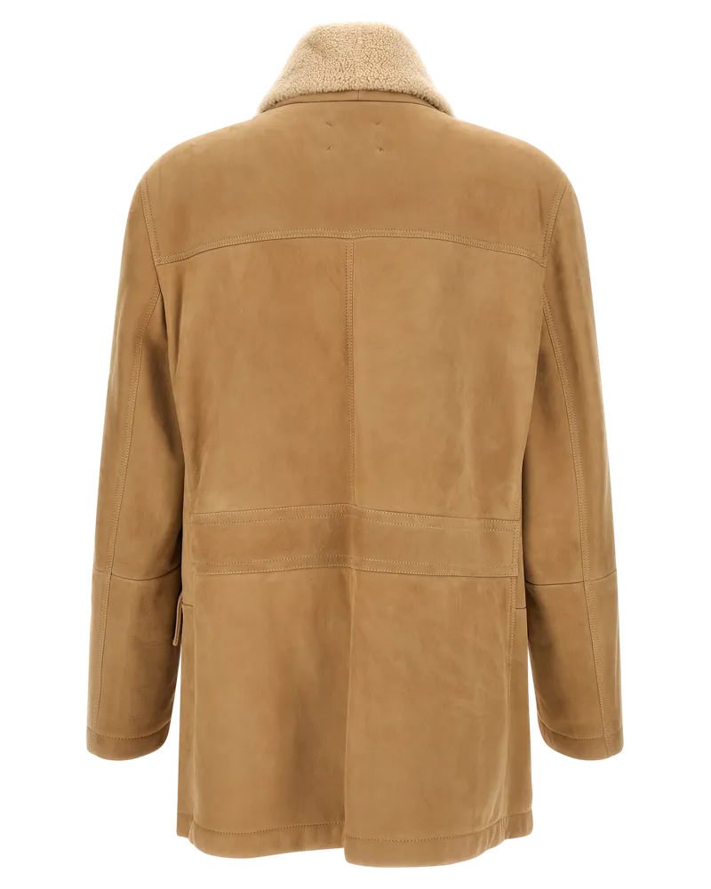Brunello Cucinelli Lamb Leather with Shearling Collar Coat — Beige Beige