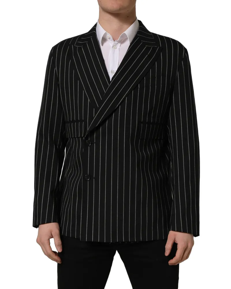 Dolce & Gabbana Men's Black Stripes Wool Double Breasted Jacket Virgin Elastane Clothing Black