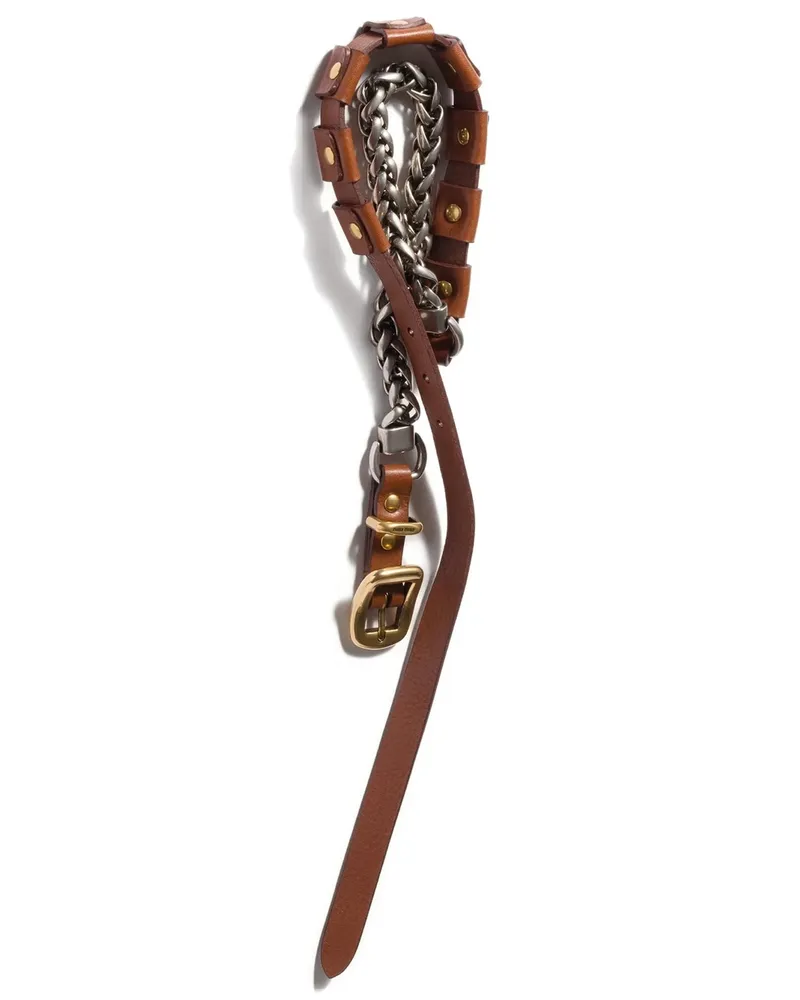 Miu Miu Metal and Leather Studded Necklace — Brown Brown