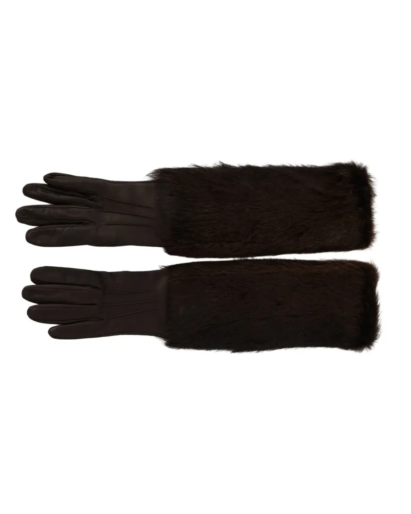 Dolce & Gabbana Women Brown Elbow Length Mittens Leather Fur Gloves Brown