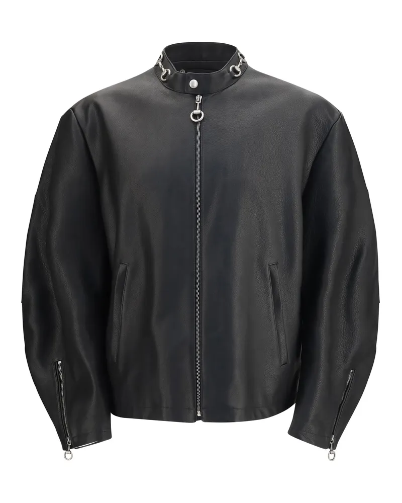 Gucci Men Leather Biker Jacket Horsebit Black Calf Black