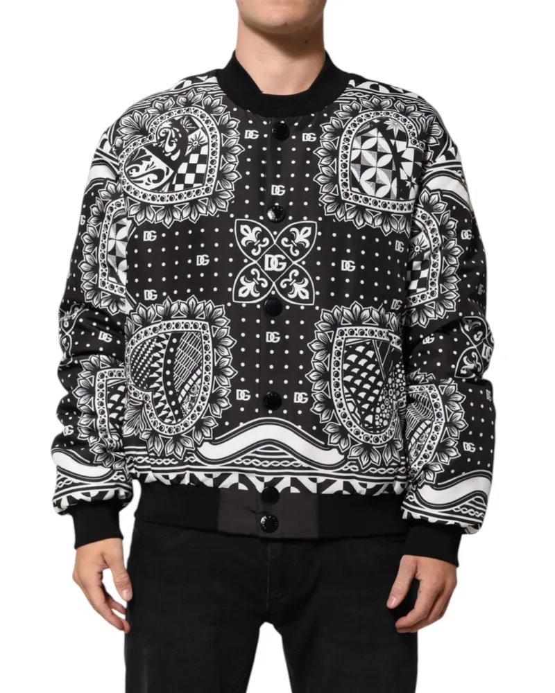 Dolce & Gabbana Black White Bandanaprint Men Bomber Jacket And Polyester Clothing Black