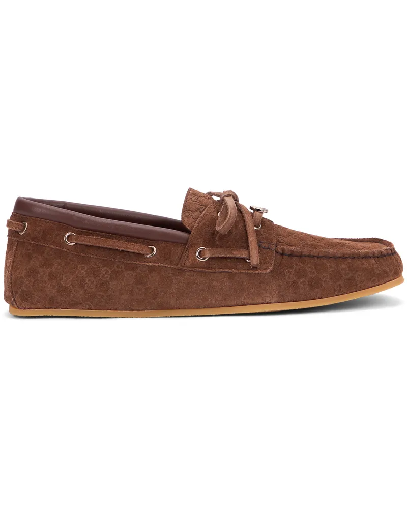 Gucci Women's Boat Shoes Brown Suede Calf Skin Loafers Brown