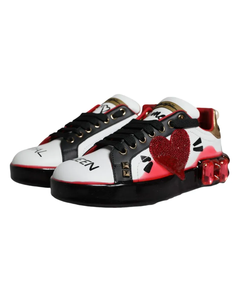 Dolce & Gabbana Women's White Red Crystals Leather Portofino Sneakers Shoes Calf White
