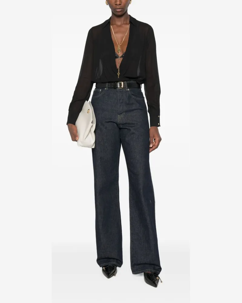 Elisabetta Franchi Wrap-Style Semi-Sheer Bodysuit — Black Black
