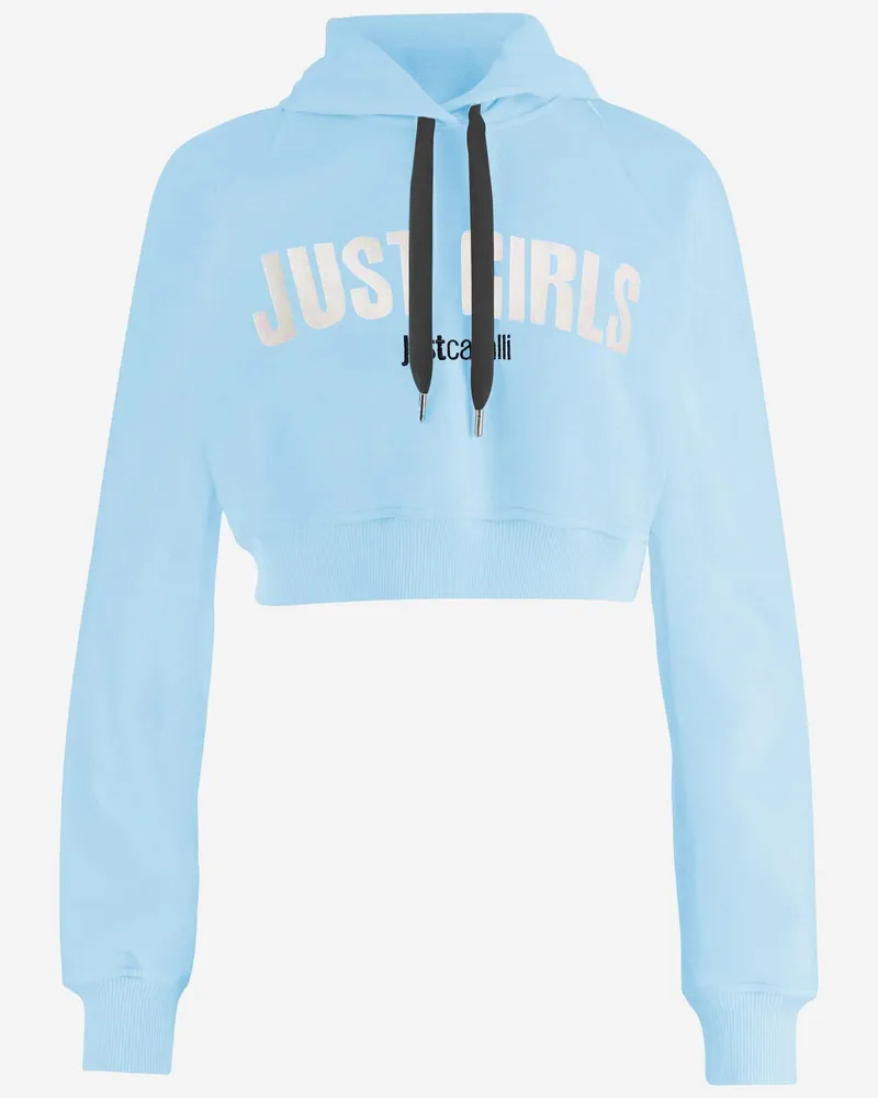 Just Cavalli Cropped Cotton Hoodie — Blue Blue