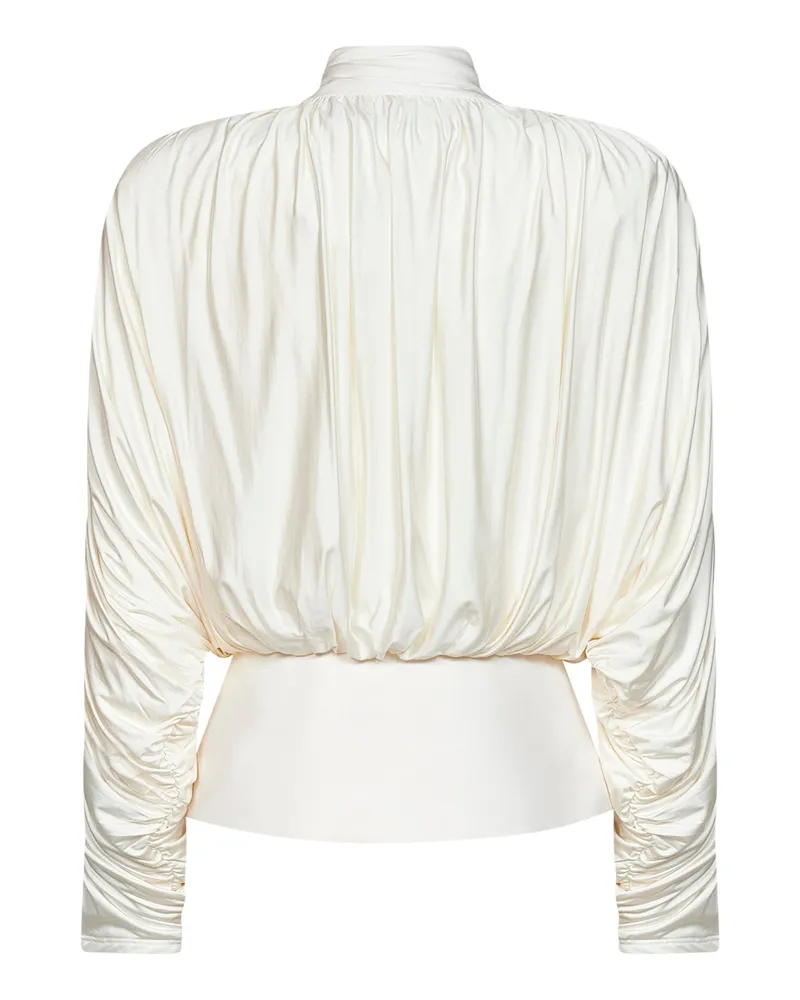 Self-Portrait Women's Gathered Tie Neck Jersey Top Ivory Viscose Tops Ivory