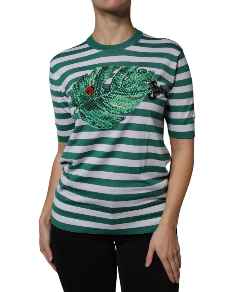 Dolce & Gabbana Women's White Green Stripe Leaf Crew Neck T-Shirt Cashmere Silk Green
