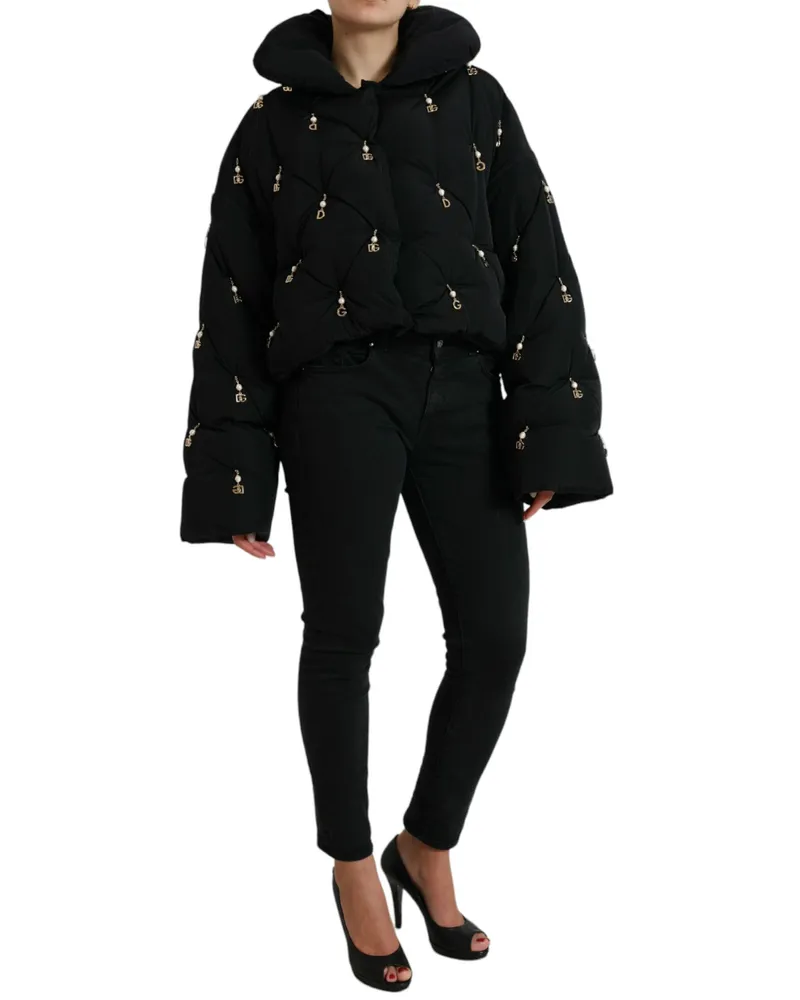 Dolce & Gabbana Women's Black Embellished Quilted Shell Bomber Jacket Nylon Clothing Black