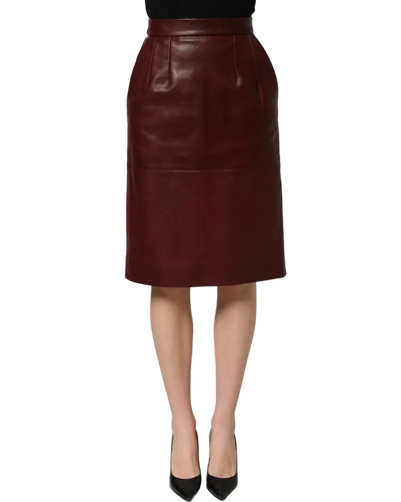 Dolce & Gabbana Women Burgundy Leather High Waist Pencil Midi Skirt Lamb Calf Burgundy