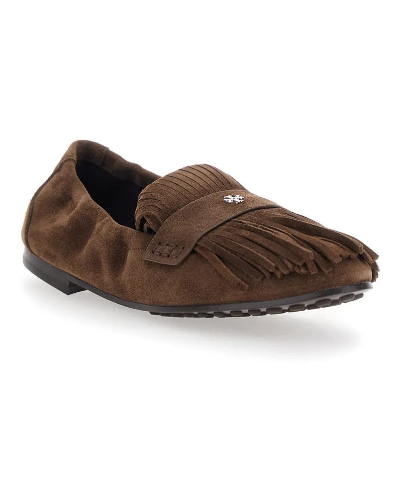 Tory Burch Women's Brown Suede Loafers With Fringe And Metallic Logo Calf Brown