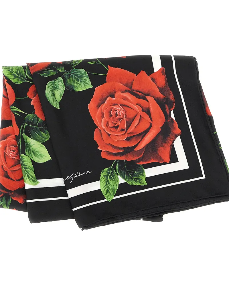 Dolce & Gabbana Rose-Print Silk Twill Scarf — Black Black