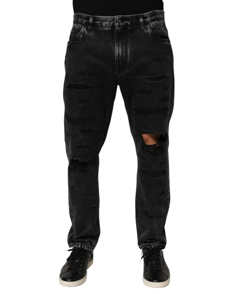 Dolce & Gabbana Men's Black Washed Ripped Loose Cotton Denim Jeans Clothing Black