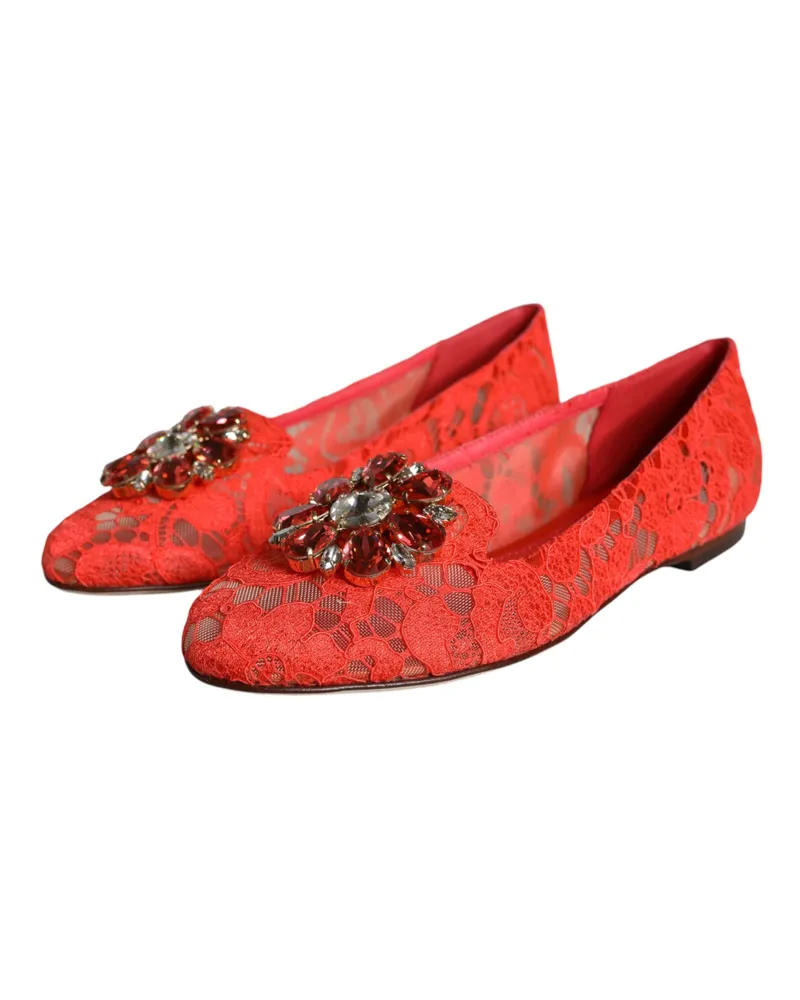 Dolce & Gabbana Women's Coral Lace Crystal Ballet Flats Loafers Shoes Viscose Cotton Nylon Red