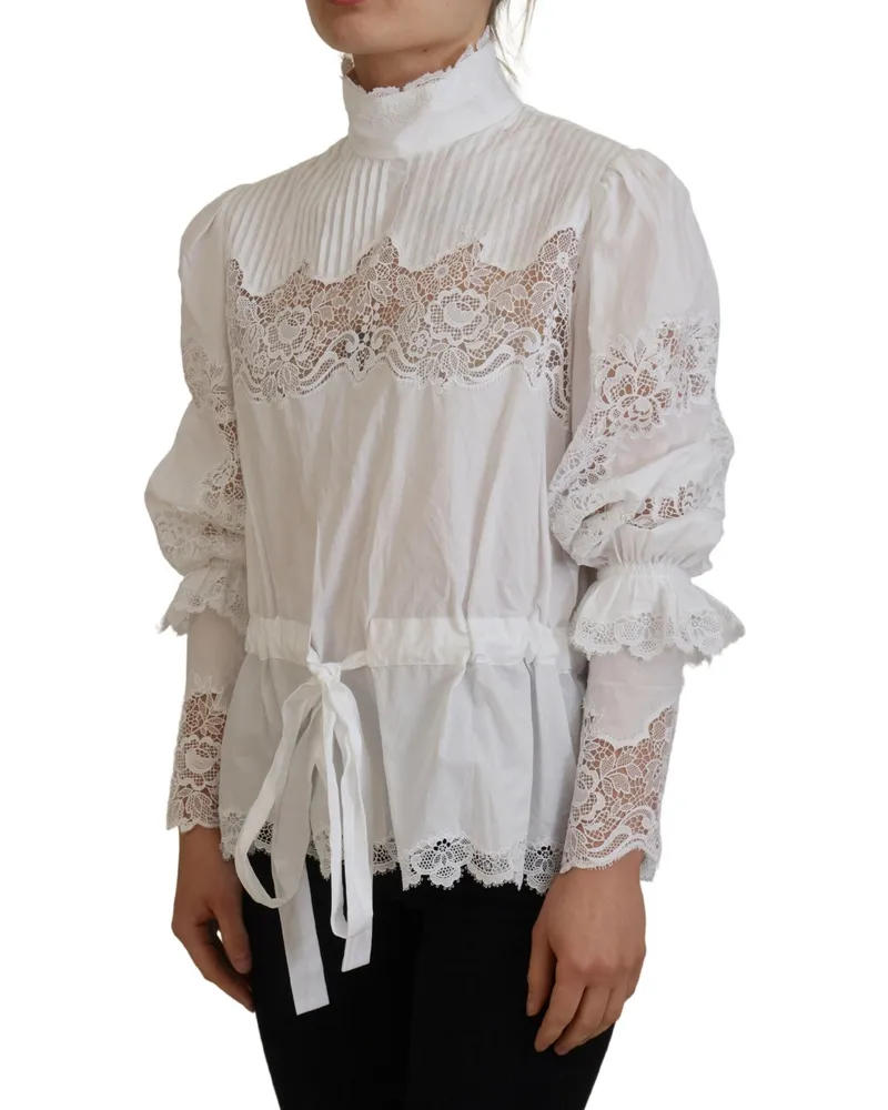 Dolce & Gabbana Women White Cotton Lace Trim Turtle Neck Blouse Top White