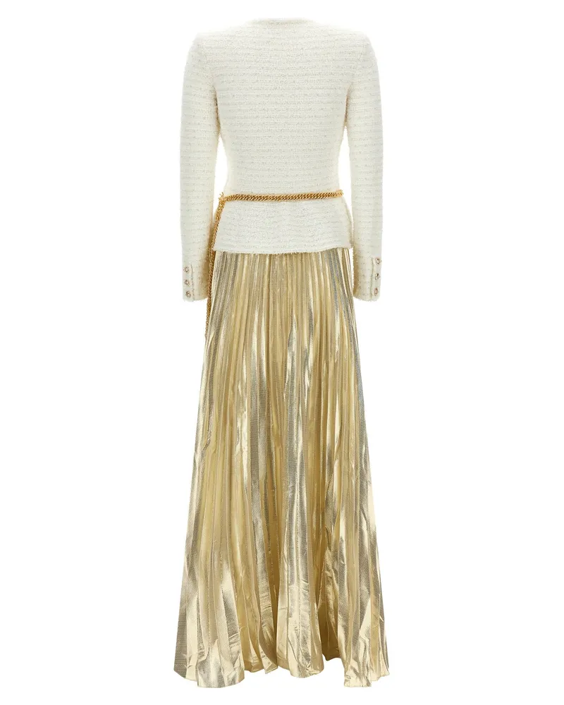Self-Portrait Pleated Metallic Skirt Dress — Cream Cream